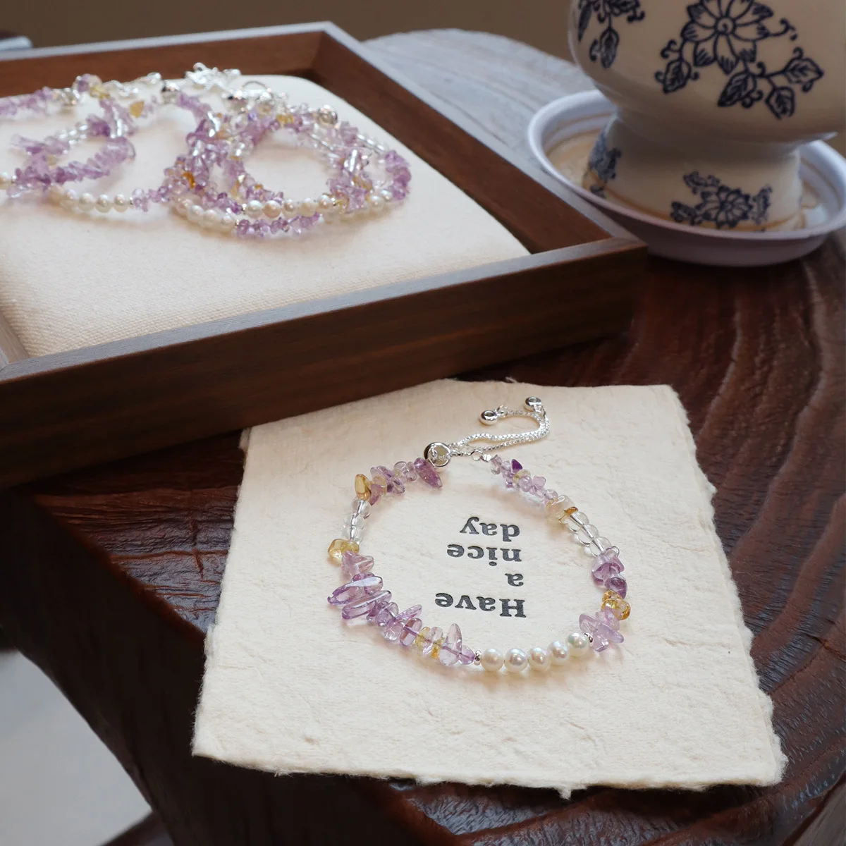 

Natural Irregular Amethyst Chip Beaded Bracelet Freshwater Pearl Clear Citrine Healing Crystal Adjustable Chain Bangle for Women