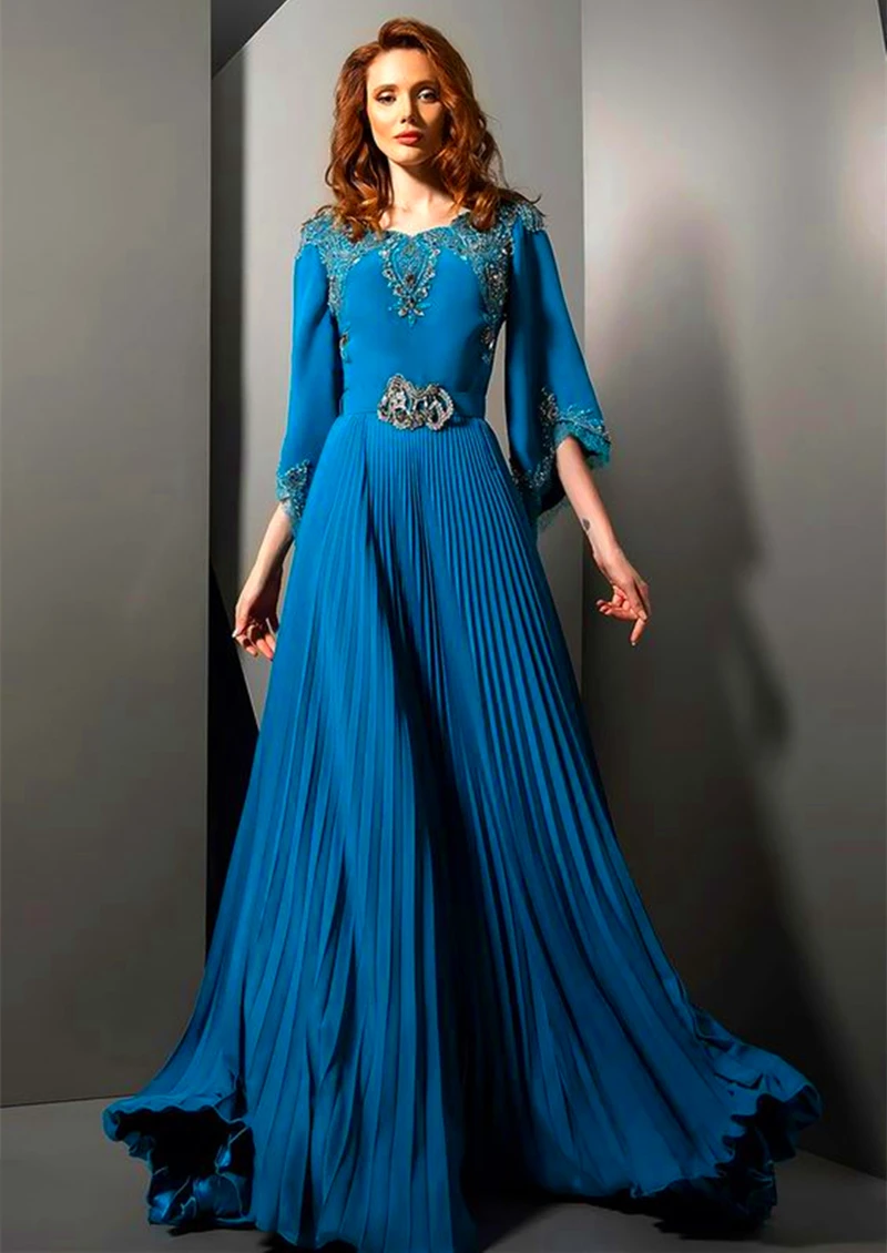 

Pleats Floor Length Evening Dresses A Line Blue Mother Of The Bride Dress Lace Appliques Beaded Customized Women Formal Wear