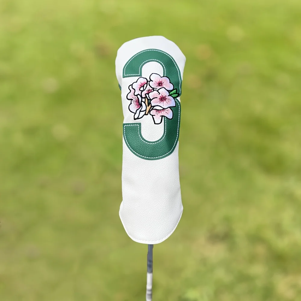 Funda para cabeza de palo de golf blanca serie Sakura: resistente al agua y duradera, diseño floral con flores de cerezo y detalles verdes