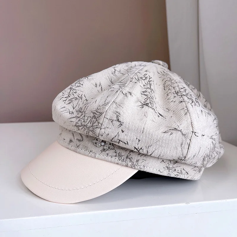 Printed Leather Eave Octagonal Hat Women's New Autumn-Style Vintage Cap With A Simple Tide With A Newspaper Boy Hat KJ20241069