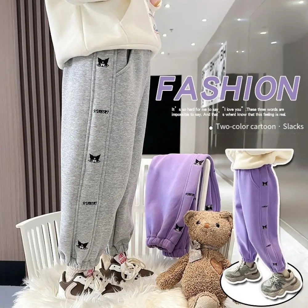 

Sanrio Kuromi штаны для девочек, утепленные теплые спортивные штаны в стиле аниме, детские осенне-зимние повседневные универсальные милые брюки, детская одежда