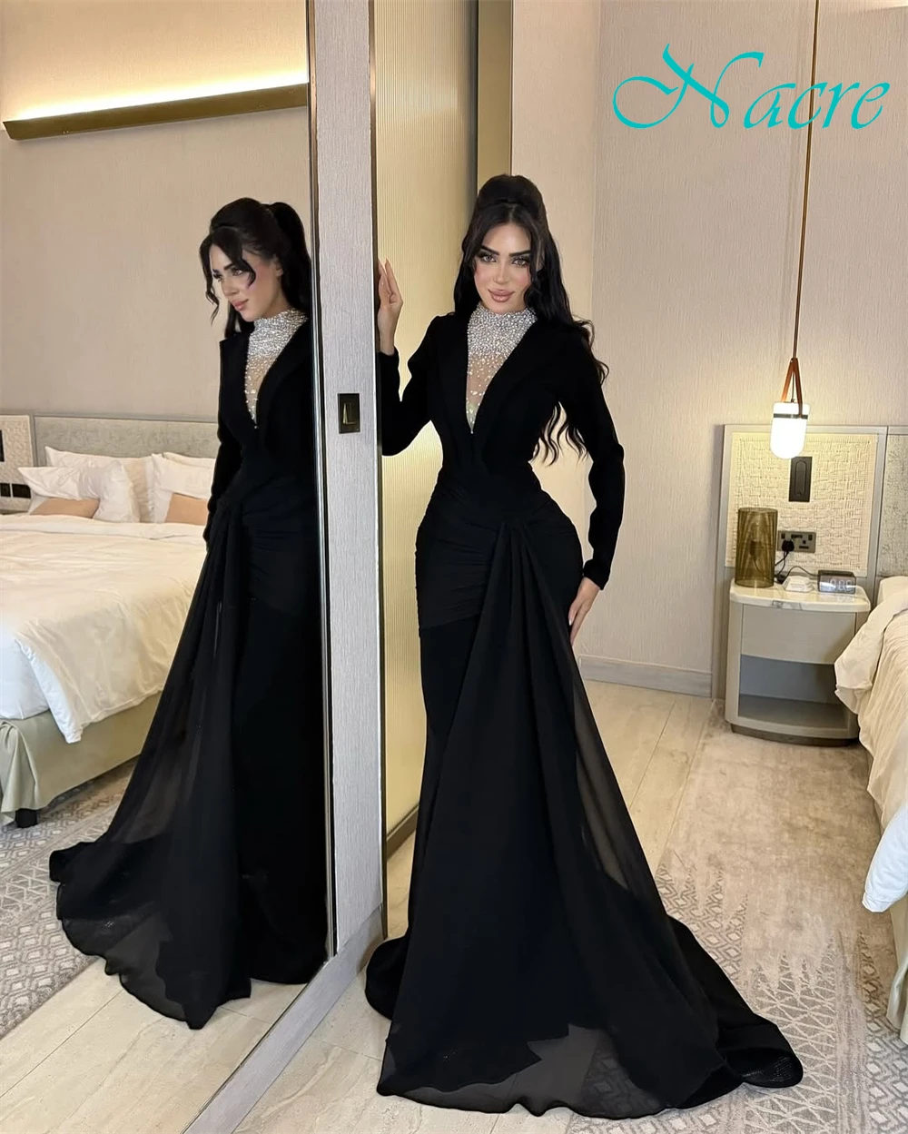

Customized Exquisite Jersey Long Sleeves Evening Dress Delicate Crystal Prom Dresses Luxury Mermaid Special Occasion Gowns