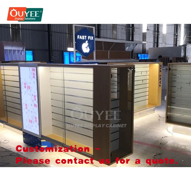 custom.Commercial Furniture Supplier Wall Shelving Glass Showcase Mobile Store System Eco Material Phone Shop
