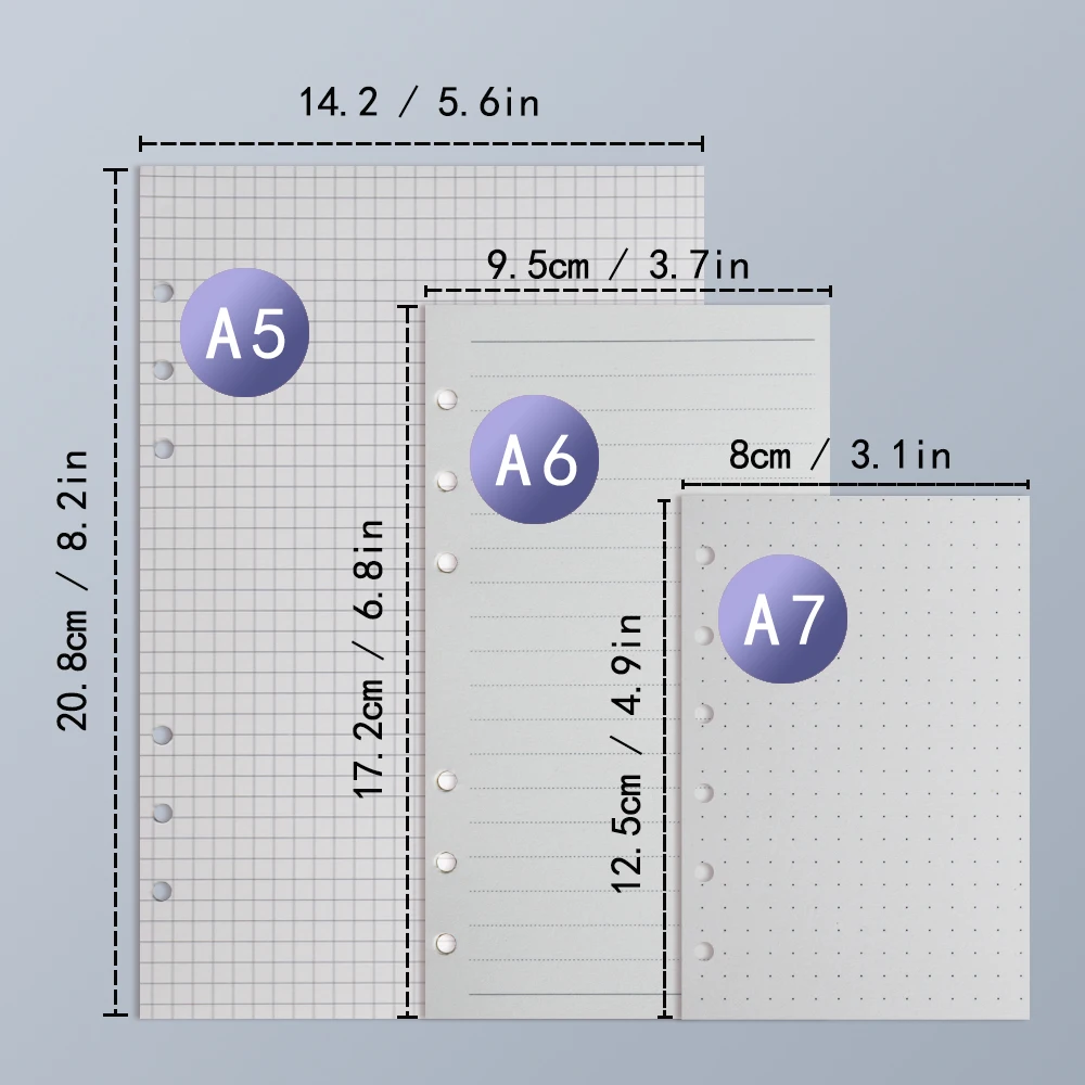 1 Pack A5/A6/A7 Refill Paper, 6 Holes Loose Leaf Paper, 6 Ring Notebook Planner Diary  Personal Organiser, 100 Sheets, 100 grams