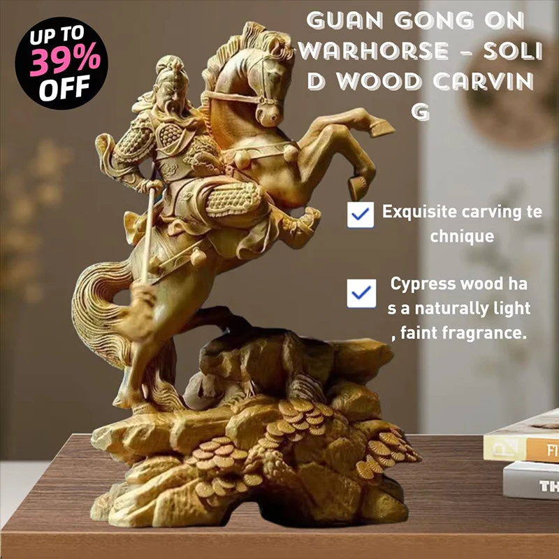 Wood carving Riding a horse Guan Gong God of Wealth Statue Chinese mythological figure  Home room, office decoration accessories