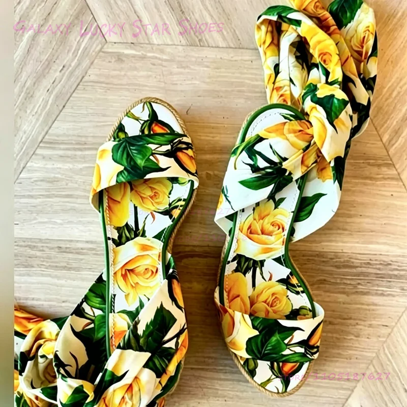 

Yellow Ethnic Graffiti Silk Scarf Wedge Sandals Women Platform Open Ankle Strap Silk Canvas Heel Cute Girl Beach Vacation Shoes