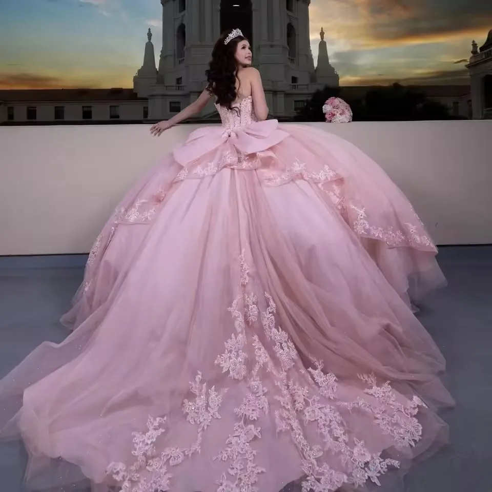 

Сладкие розовые платья Quinceanera с цветочным принтом, бальное платье принцессы с кружевной аппликацией, Мексика Sweet 16, Vestidos De 15 Anos, индивидуальный заказ