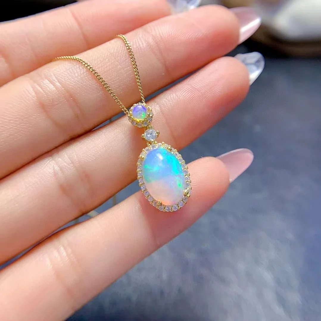 Genuine Australian Opal Pendant 8mm*12mm Natural Opal 925 Silver Jewelry with Thick Gold Plating Birthday Gift for Wife