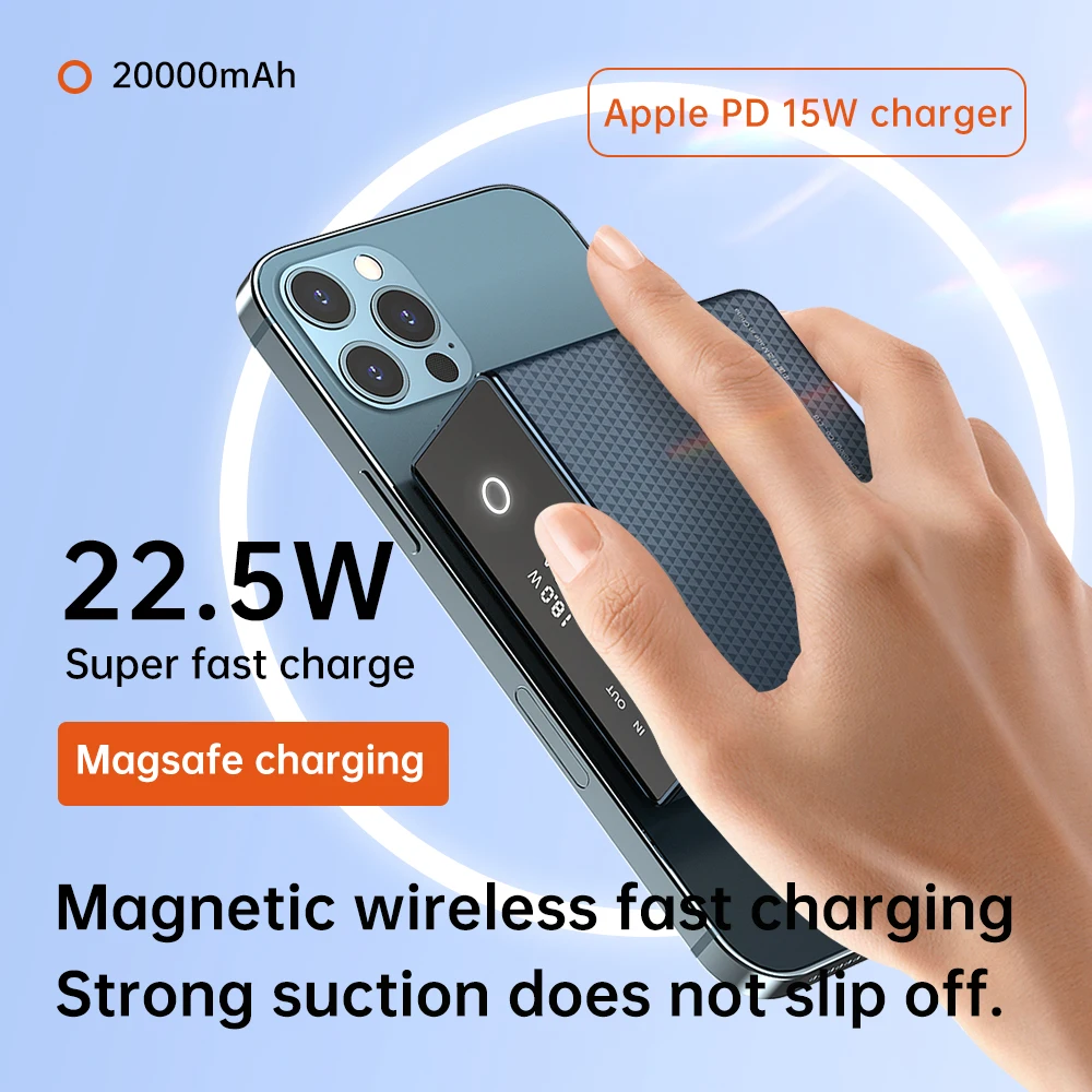 Bezprzewodowe 20000 mah 22,5 w magnetyczne banki mocy PD QC magnetyczne bezprzewodowe ładowanie mobilny power bank z wyświetlaczem LED