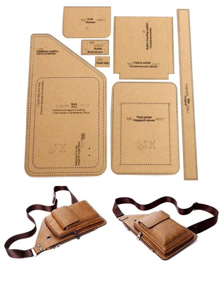 1set DIY Leather Craft Kit: Crossbody & Chest Bag Pattern Templates - Faux Leather Sheets & Stencils for Handmade Men's Bags