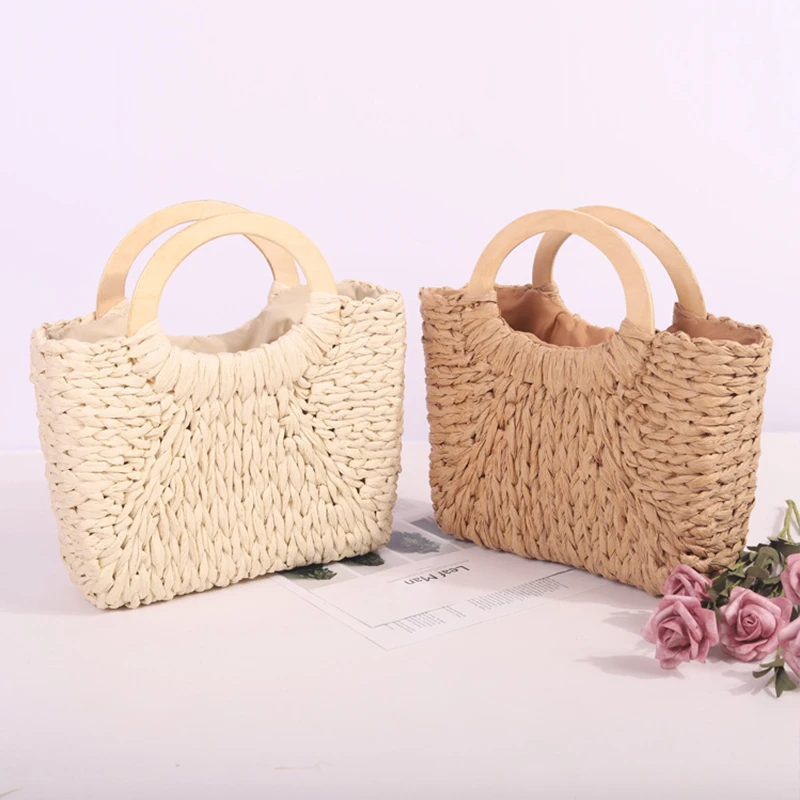 Wooden Handle Straw Bag For Women Handmade Woven Top-handle Bag Vacation Seaside Beach Bag Basket Casual Shopping Totes Basket