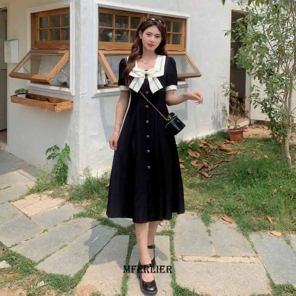 Plus Size 6XL 150KG Summer Dress For Women Short Sleeve Loose Vintage Dresses Ladies Casual Large Bow Neck Black Sweet Dress