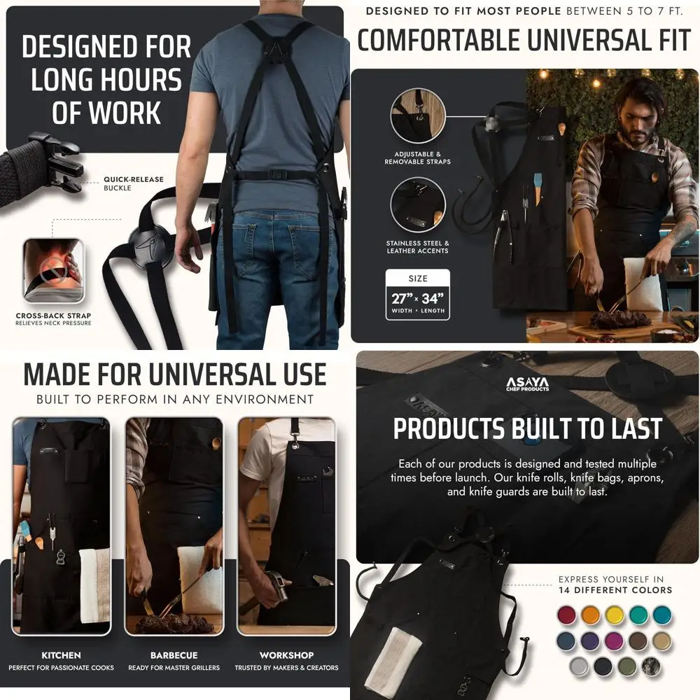 

Cotton Canvas Chef Apron with Bottle Opener, Cross-Back Straps, and Hand Towel - 10oz, Stainless Steel Hardware