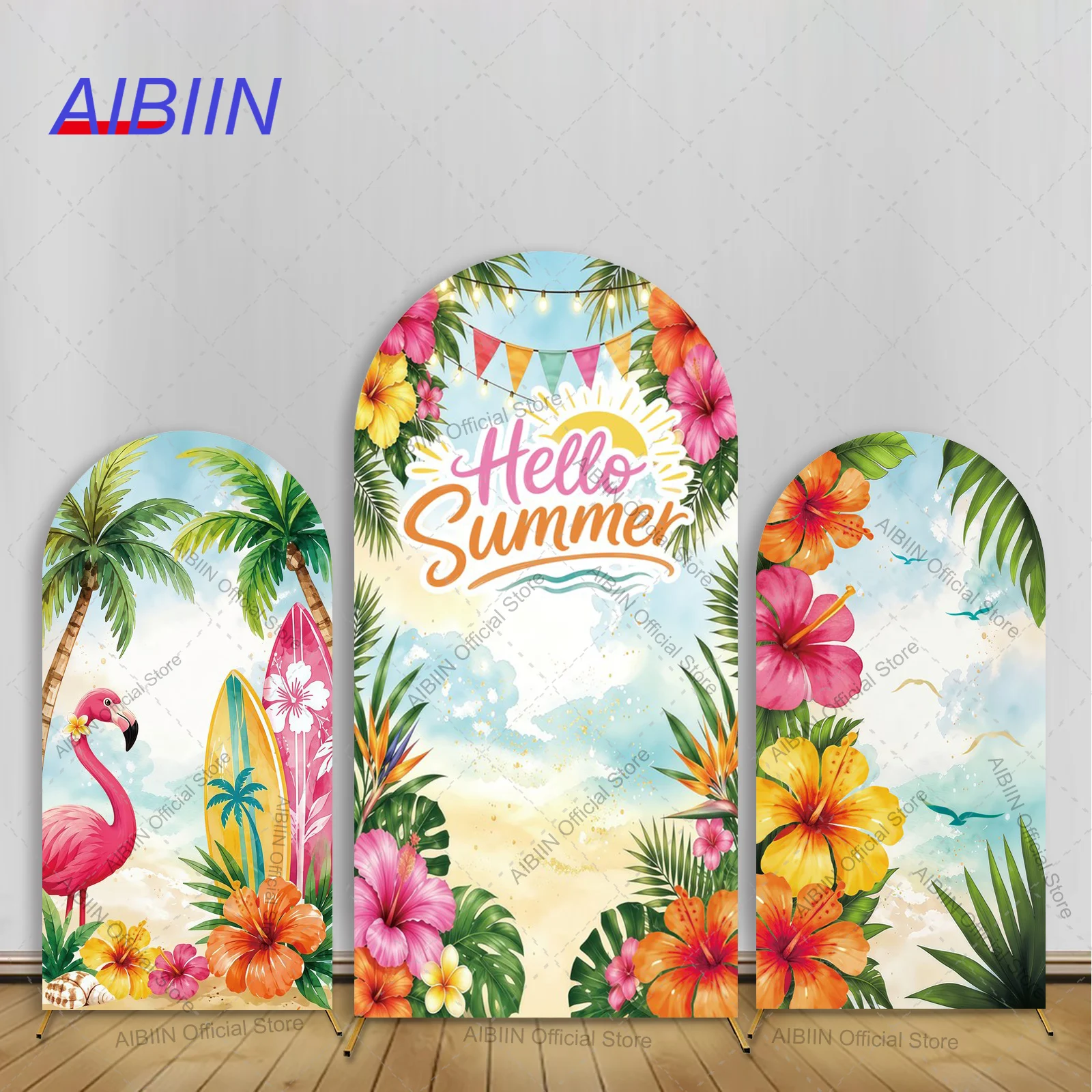 Housse de toile de fond Arche Flamant rose 'Bonjour l'été' avec feuilles de palmier tropicales, cocotiers, planches de surf et motifs floraux, pour décor de fête et de vacances