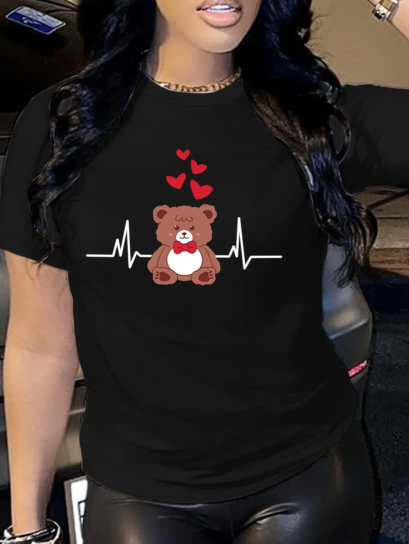 Women's Teddy Bear Heartbeat T-Shirt - Cute Heart Design Casual Red Top Women Clothing Fashion Summer Streetwear Graphic Tshirts