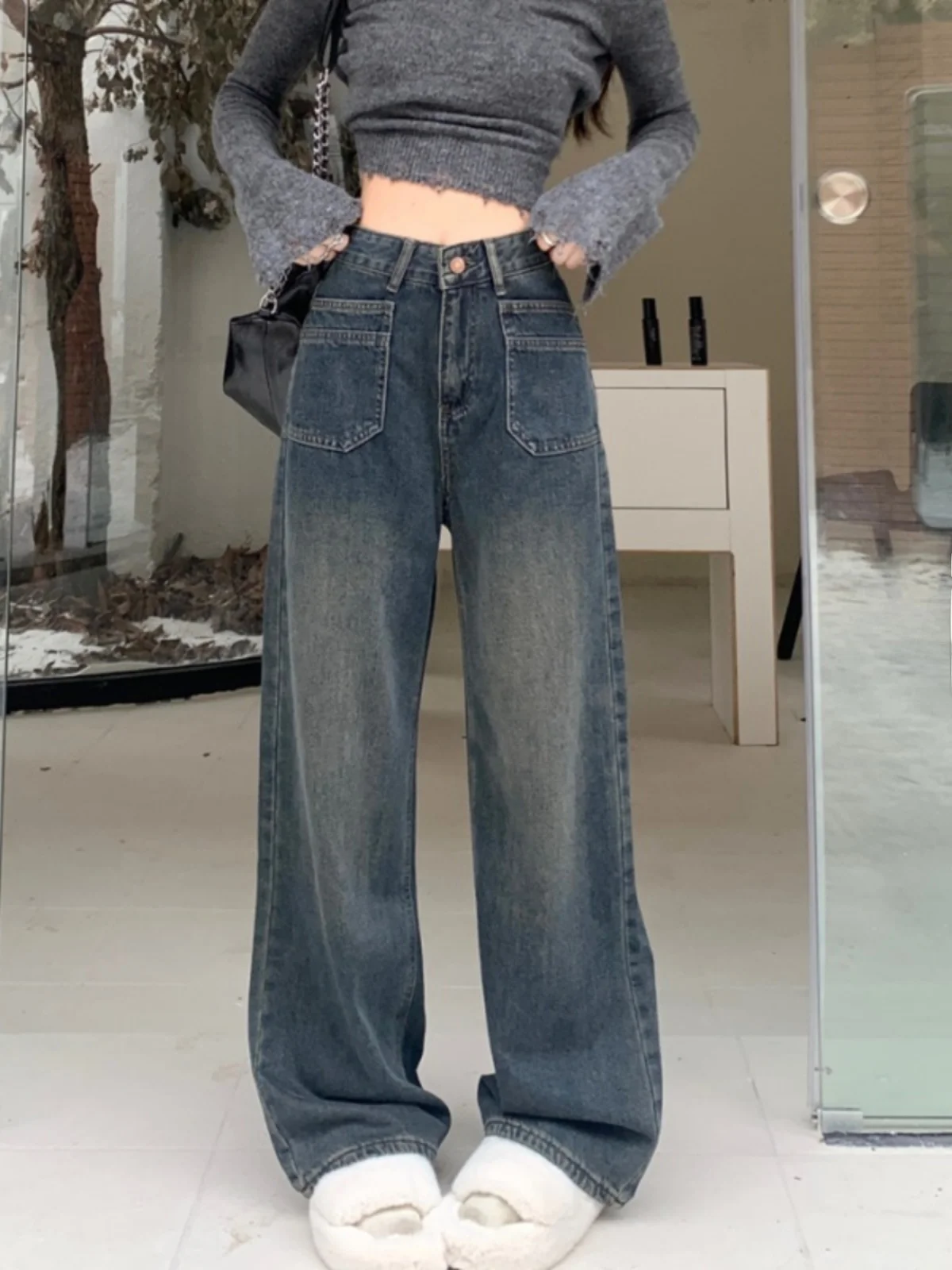

Thiened Fce Wide Leg Jeans Women's Autumn Winter High Waist Straight Cut Loose Drapey Denim Pants Retro Cement ey