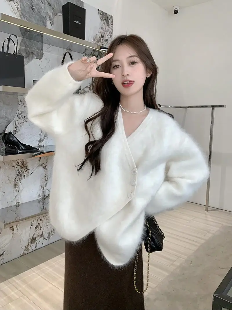 Irregular mink v-neck cardigan sweater women autumn and winter advanced feeling loose solid outside wear knitted sweater female