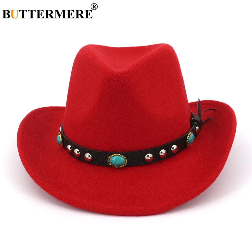 

BUTTERMERE Women Men Burgundy Fedora Chapeu Western Cowboy Hat Gentleman Jazz Sombrero Hombre Cap Elegant Lady Cowgirl Hats