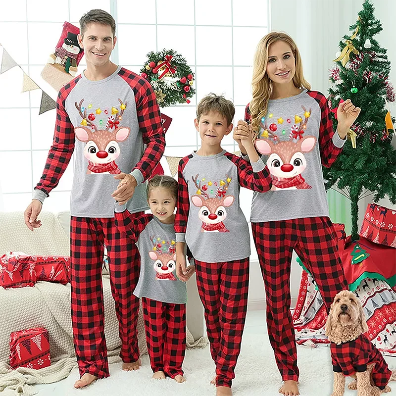 

Christmas Family Matching Pajamas Set Reindeer Patterned Round Neck Long Sleeve Tops and Pajama Bottoms for Kids and Adults