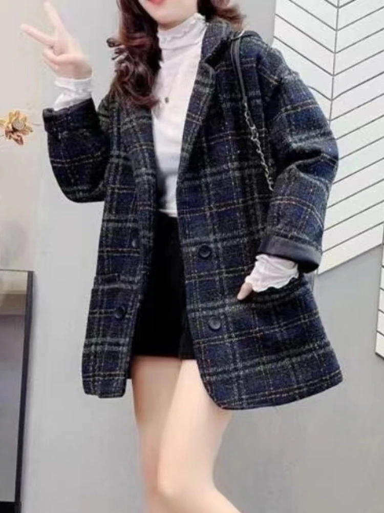 Tweed Blends Women Elegant Fashion Korean Autumn Winter Coat Streetwear Casual Slouchy Plaid Aesthetic Clothing Outwear Womens
