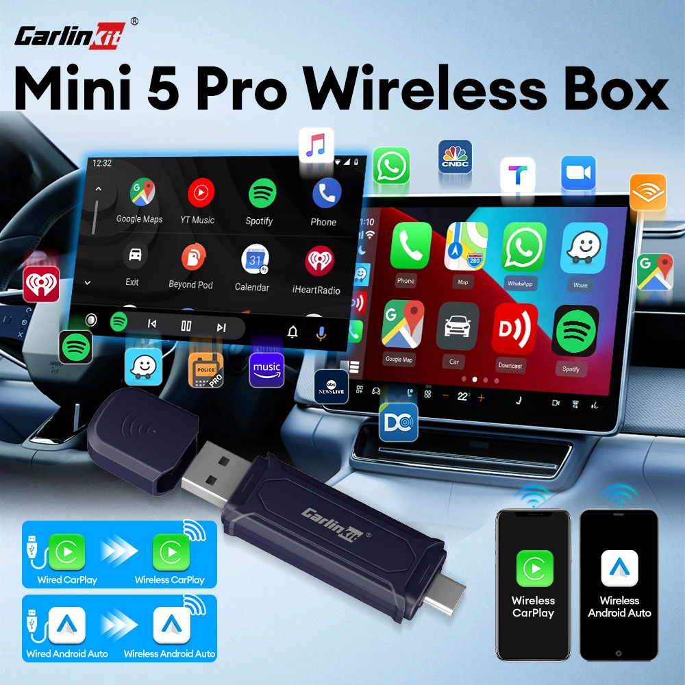 CarlinKit 5.0 Mini 5 Pro Smart CarPlay USB Dongle Wireless Android Auto CarPlay Dual Channel Work WiFi BT Wireless Connect Phone