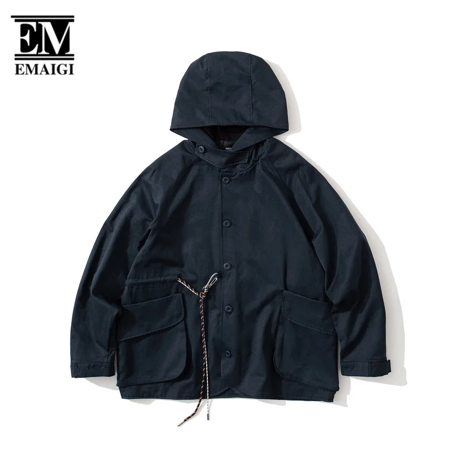 Men Rope Belt Cityboy Outdoor Fashion Loose Windproof Hooded Cargo Jacket Overcoat Streetwear Sport Coat Jacket Outerwear