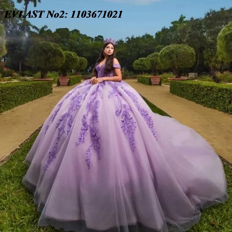 

Индивидуальное блестящее лавандовое платье EVLAST для выпускного бала, с кружевными аппликациями, бисером и корсетом, для Sweet 16 и Vestidos 15 Anos, модель E2QA296