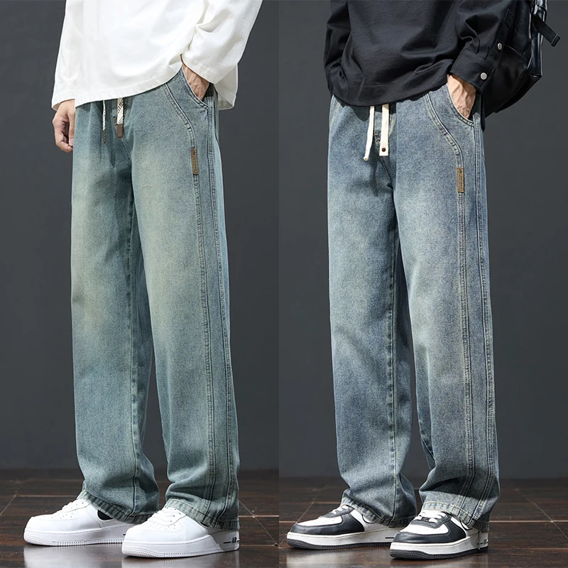 

Модные мужские джинсы, осенние новые винтажные свободные повседневные брюки, удобные прямые мужские джинсовые брюки на шнурке, уличная одежда