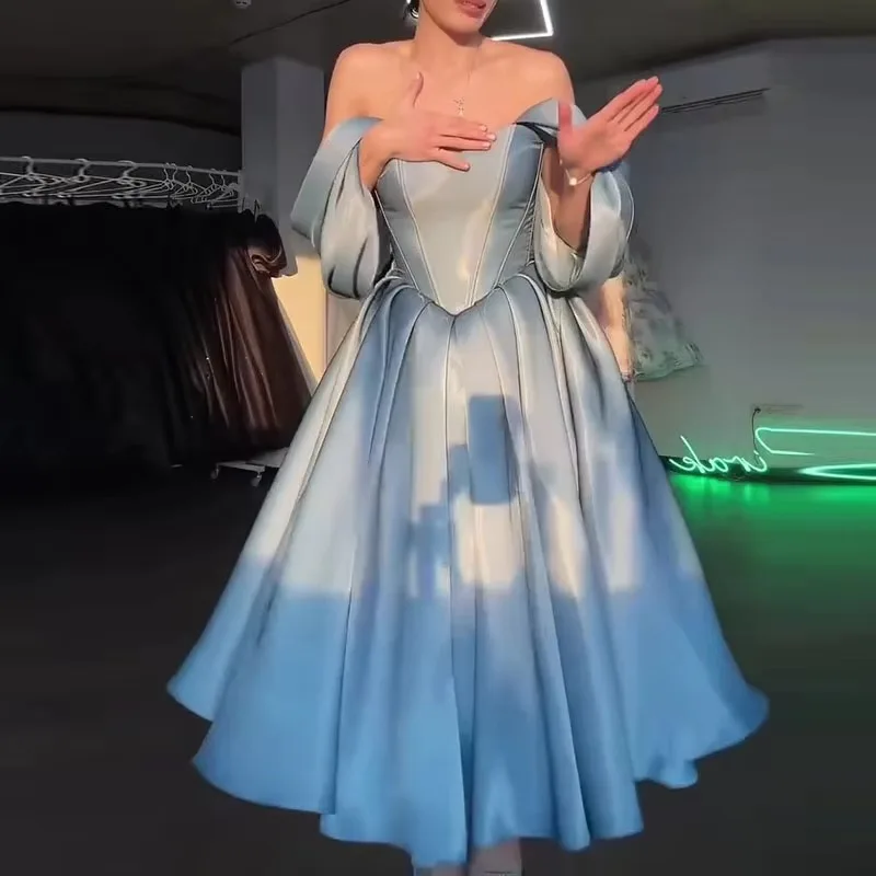 

Elegant Sky Blue Formal Dress Gowns for Women's Off Shoulder A Line Solid Pleated Tea Length Evening Party Cocktail Maxi Dresses