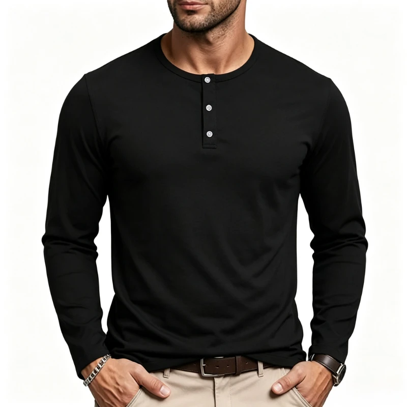 Fitness Men's Long Sleeve Henley T-Shirt Breathable Anti-Pilling Soft Casual Daily Button Placket Crew Neck Basic Tee Shirts Man