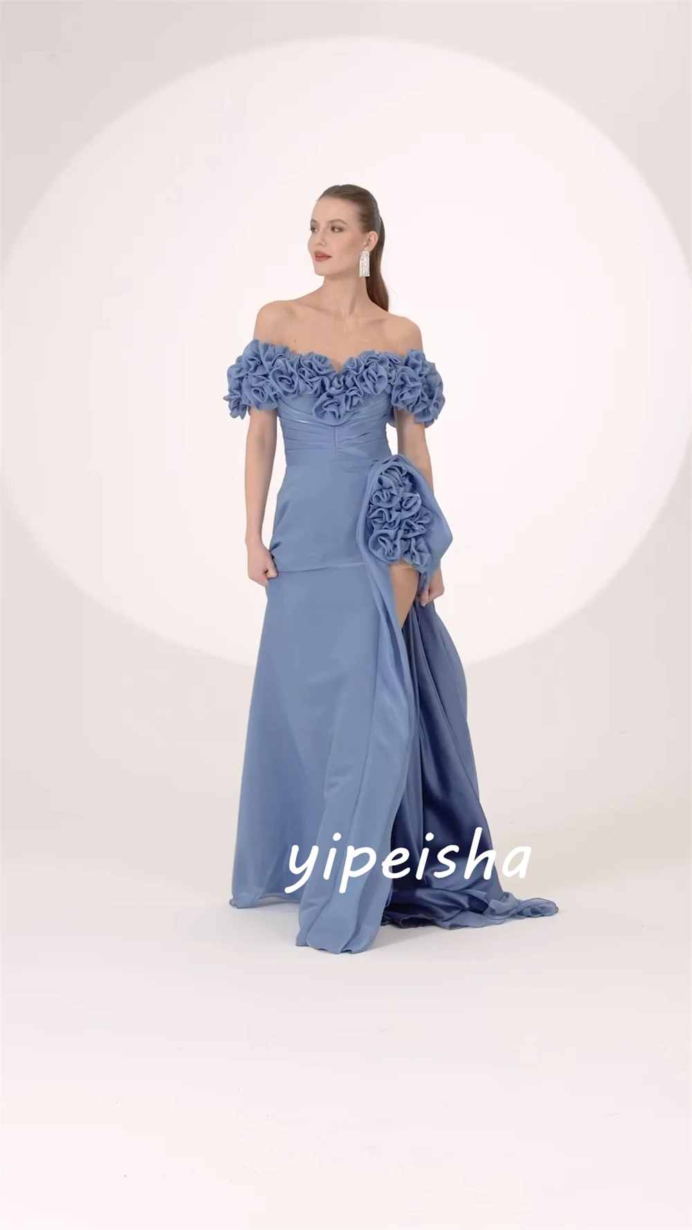  Sexy Casual   Evening Jersey Flower Draped Pleat Formal Evening A-line Off-the-shoulder Bespoke Occasion Gown