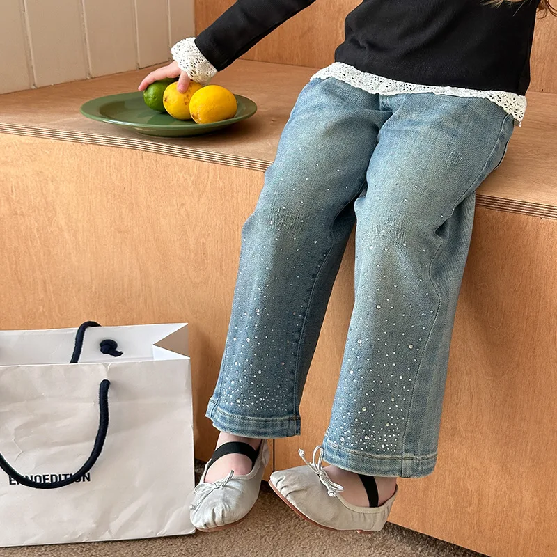 Children Clothes 2024 New Girls Denim Pants Design Sense New Fashionable Full Length Loose Casual Kids Elastic Jeans