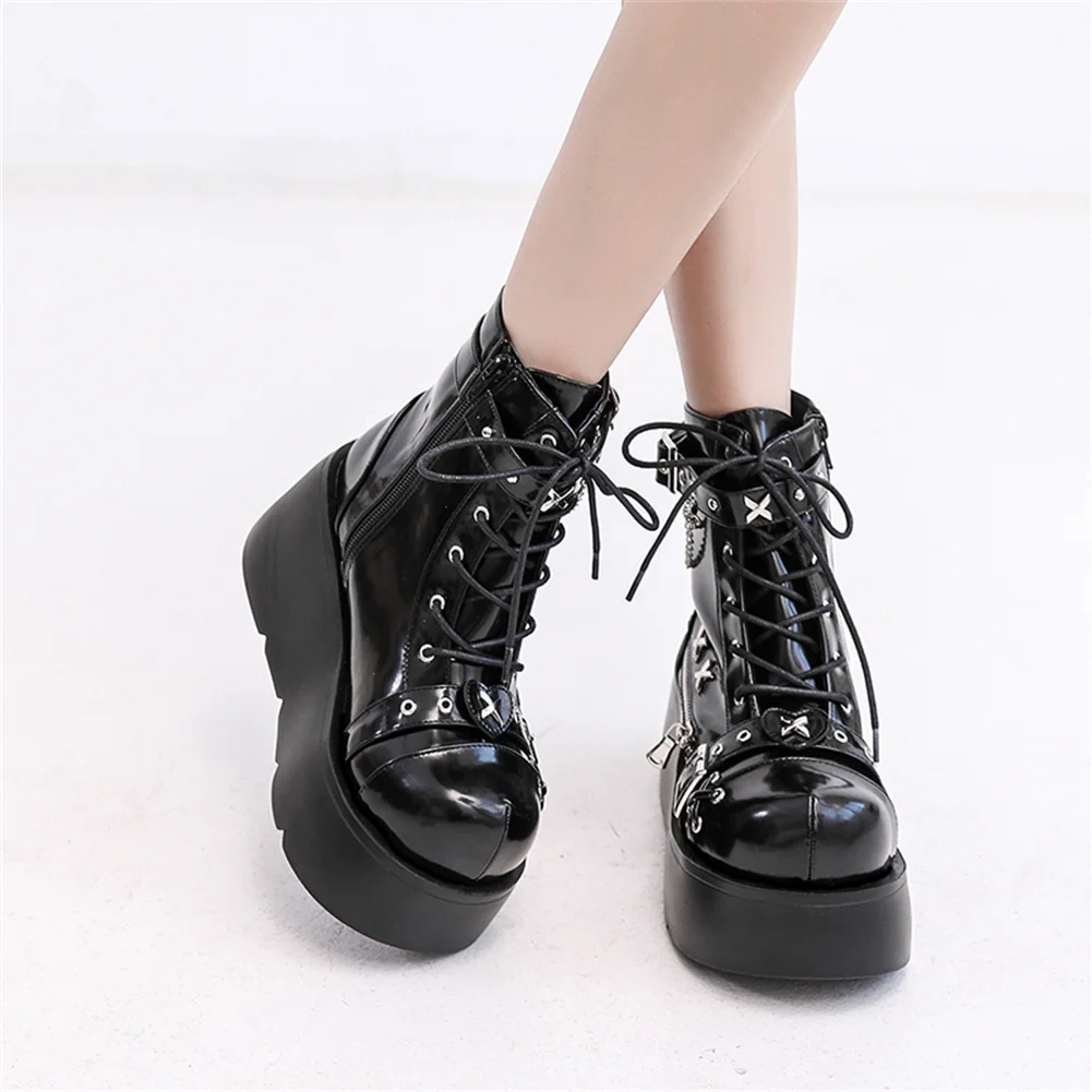Brand New Ladies Goth Platform Ankle Boots Fashion Buckle Zip Rivet Punk Wedges High Heels Womens Boots Party Street Woman Shoes view 5