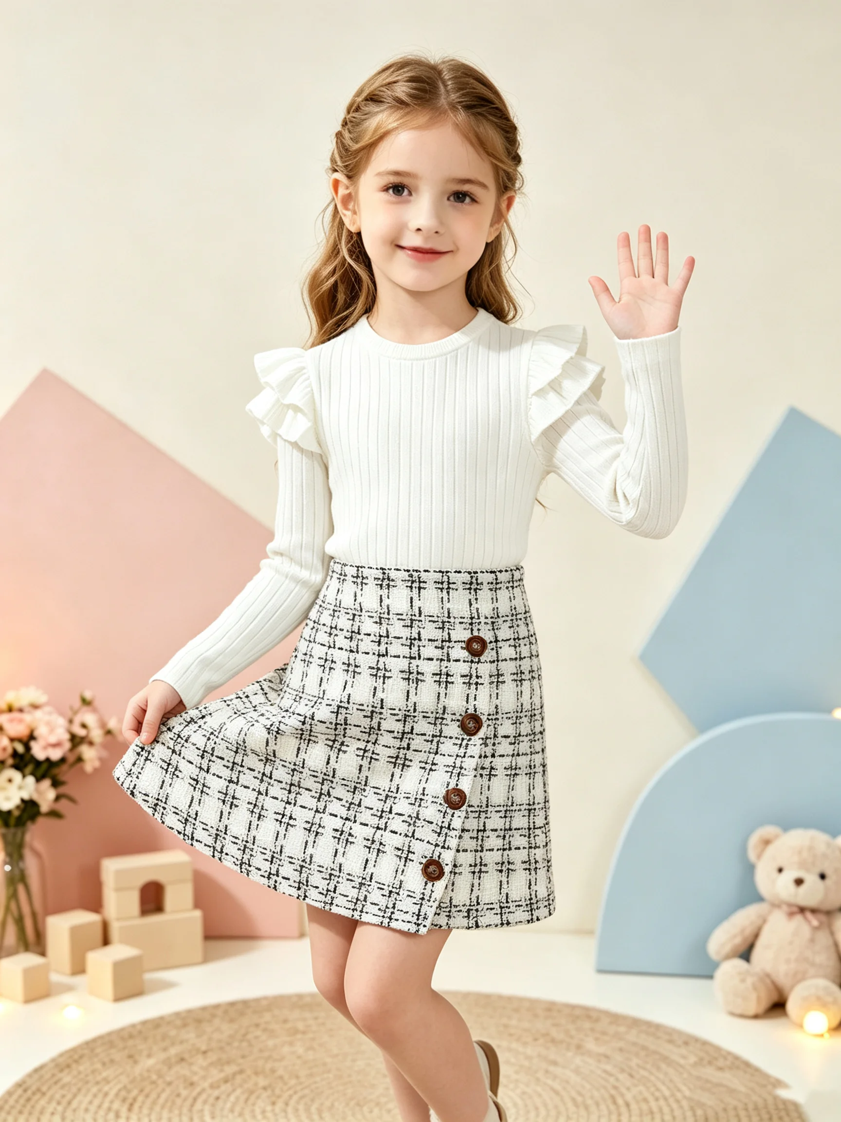 Einzigartiges Langarm-Oberteil mit Rüschenrand und Twill-Strickrock-Set, beliebter Stil für den Alltag und Reisen – Detail 2