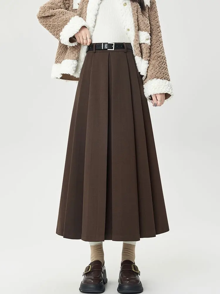 تنورة أنيقة من الصوف السميك ذات ثنيات للنساء عالية الخصر فضفاضة كبيرة سوينغ العمل مكتب OL التنانير الطويلة سيدة #2