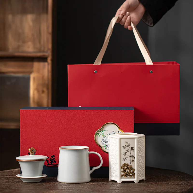 Tea Cup Office Gift Box and Water Separation Strainer Pen Holder Chinese Light Luxury High-End