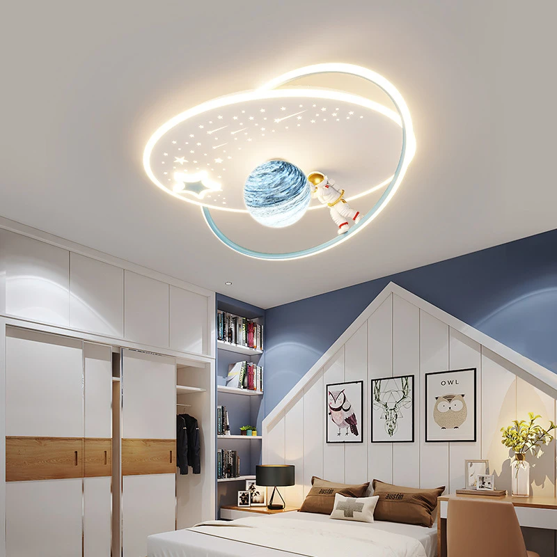 Modern Astronaut Chandelier Lamp Children Boys Room Dimming with Remote Control Spacemen Planets Ceiling Light Room Decor