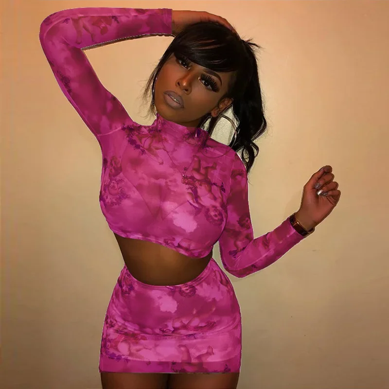 Sexy Women Two Piece Set Printed See-through Mesh Dress Summer Long Sleeved Slim O Collar Top and Mini Skirt Night Club Clothes