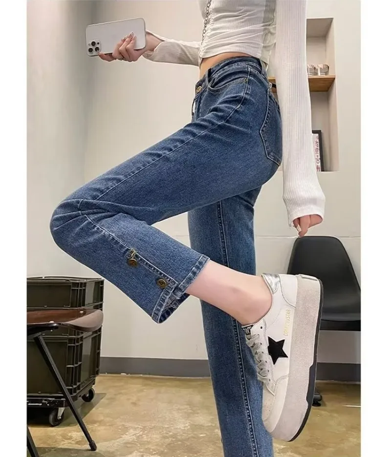 

High Waist Straight Leg Denim Jeans Women's Slimming Concealing Elastic Nine Point Pants Small Size Workwear Sle plus Size