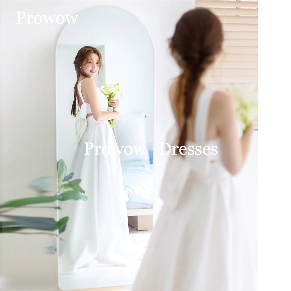 Prowow Semplice Avorio Raso A Line Abiti da sposa Corea Servizio fotografico Senza maniche O Collo Abiti da sposa Lunghezza pavimento Fiocco Personalizzato