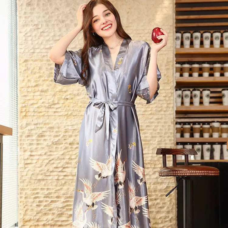 Bata Kimono de satén para mujer, ropa de dormir con estampado de grulla, camisón de boda, lencería Sexy para el hogar