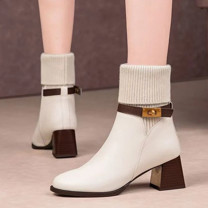 Brand Women Pointed Toe Ankle Sock Boots Winter Leather High Heels Shoes 2025 New Trend Chunky Elegant Pumps Snow Botas Mujer