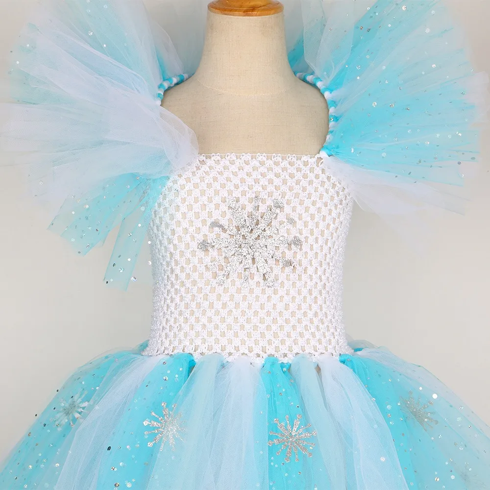 2024 Princess Skirt Girls\' Frozen Costume Sequin Snowflake Mesh Puff Skirt Children\'s Performance Costume