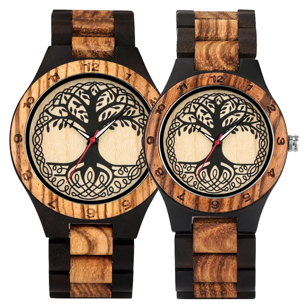 Clássico zebrawood relógio de quartzo para casal exclusivo vida árvore padrão exibição mostrador redondo pulseira de madeira masculino feminino relógio de pulso