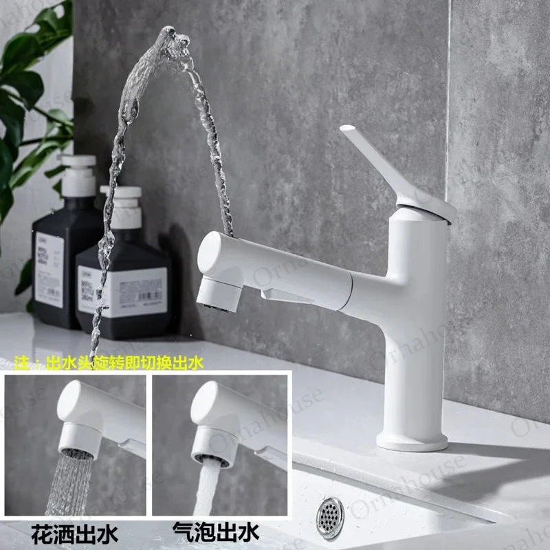 White Pull-out Faucet Bathroom Hot and Cold Countertop Washbasin Bathroom Upwelling Mouthwash Faucet Splash Proof رافعات سيارات