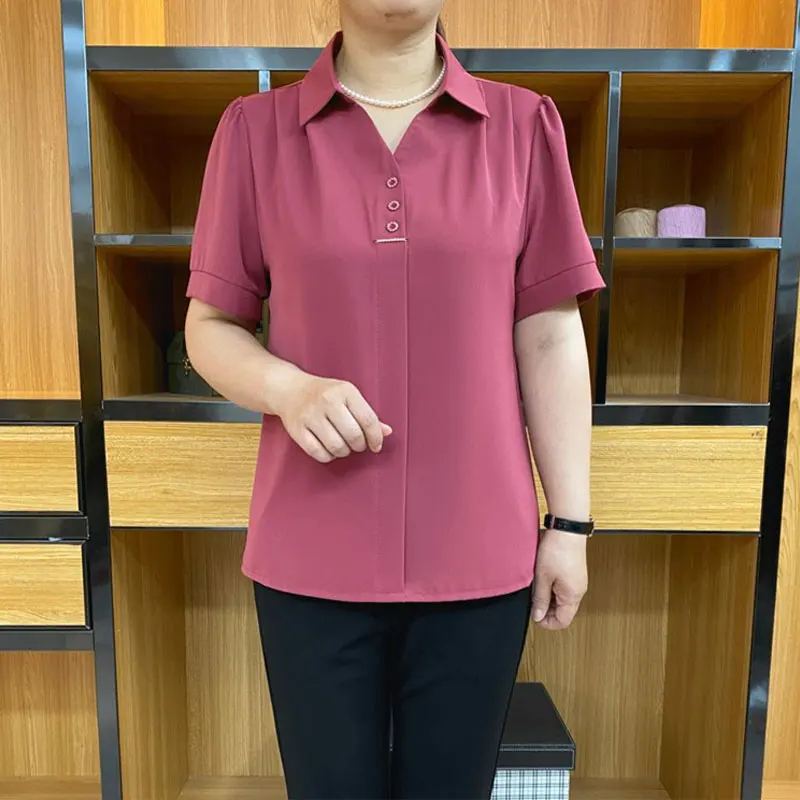 Office Lady Solid Color Shirt Summer Turn-down Collar Women\'s Clothing Short Sleeve Fashion Button Casual All-match Loose Blouse