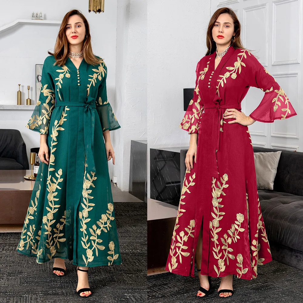 Muslim Mesh Floral Embroidered Abaya Dress for Women Elegant Middle East Arab Oman Dubai Morocco Caftan Evening Party Clothes