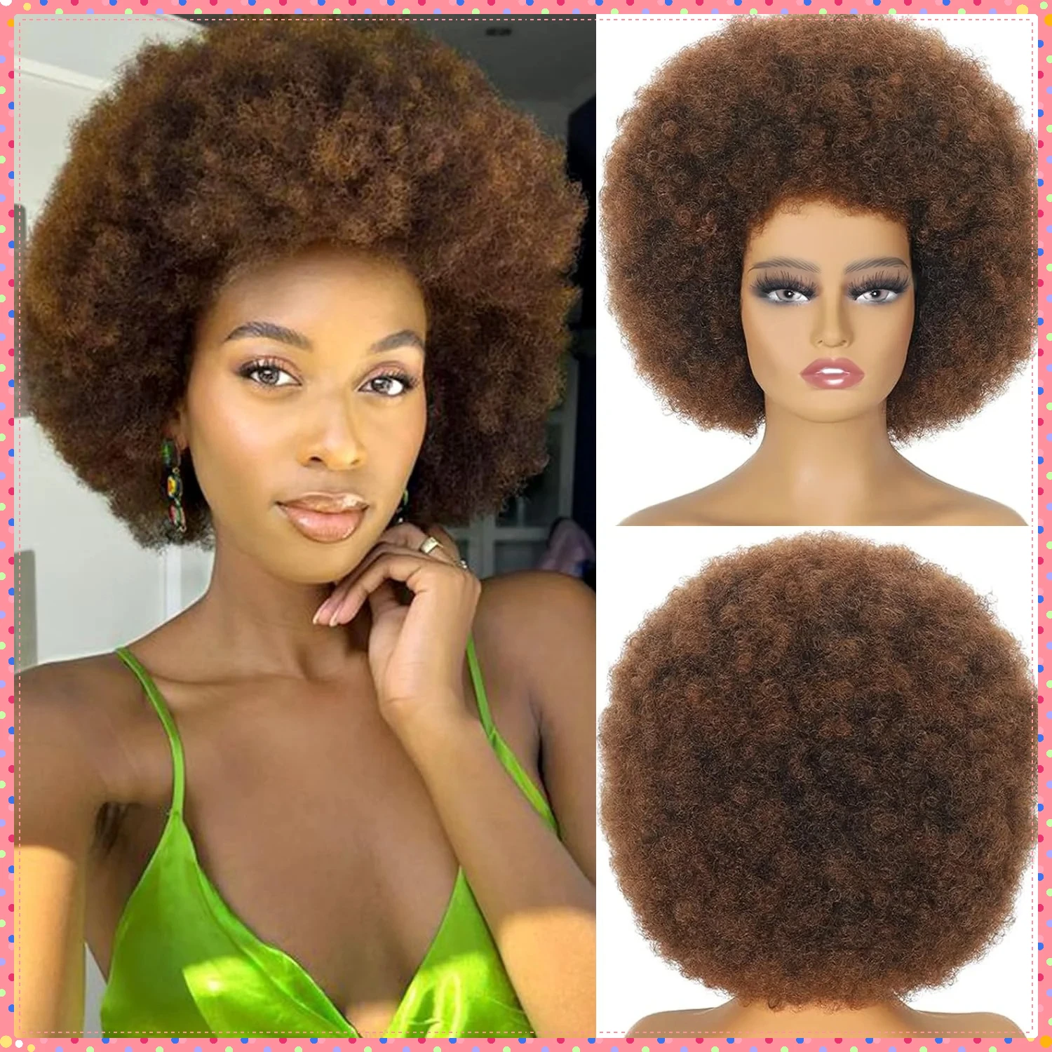Synthetic Afro Curly Wig with Bangs, Mix Brown Short Voluminous Kinky Fiber Hair, Fluffy Natural Cosplay Party Costume Wig For