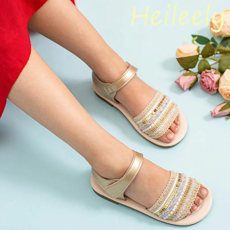 

2024 New Kids Shoes for Girl Round Toe Apricot Color Wrap Casual Flats Sandals 22 23 24