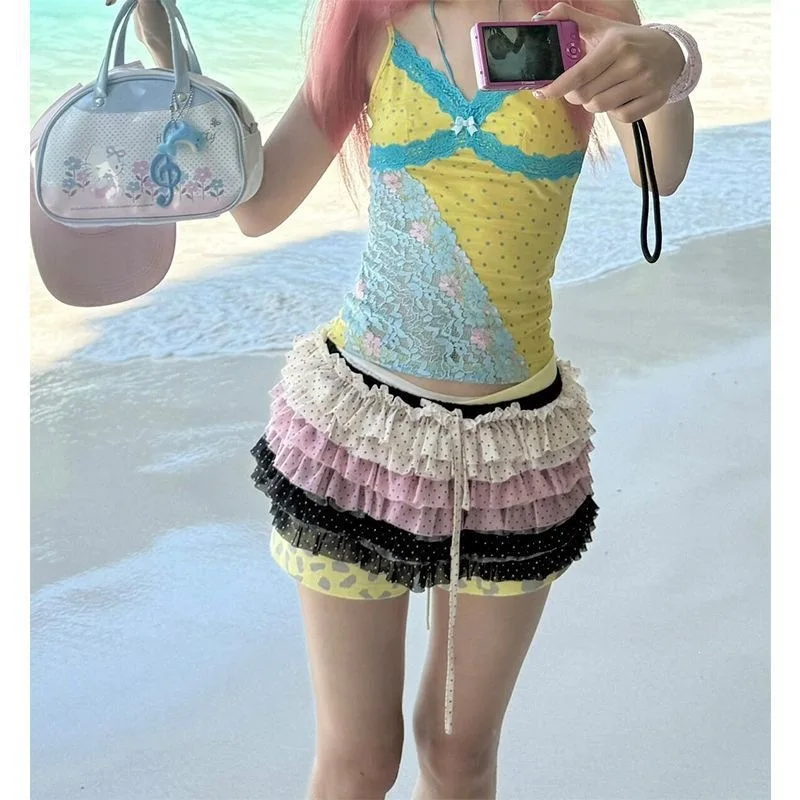 Y2K Color Block Lace Cami Top Women Polka Dot Tiered Ruffle Skort Summer Beach Two Piece Outfit